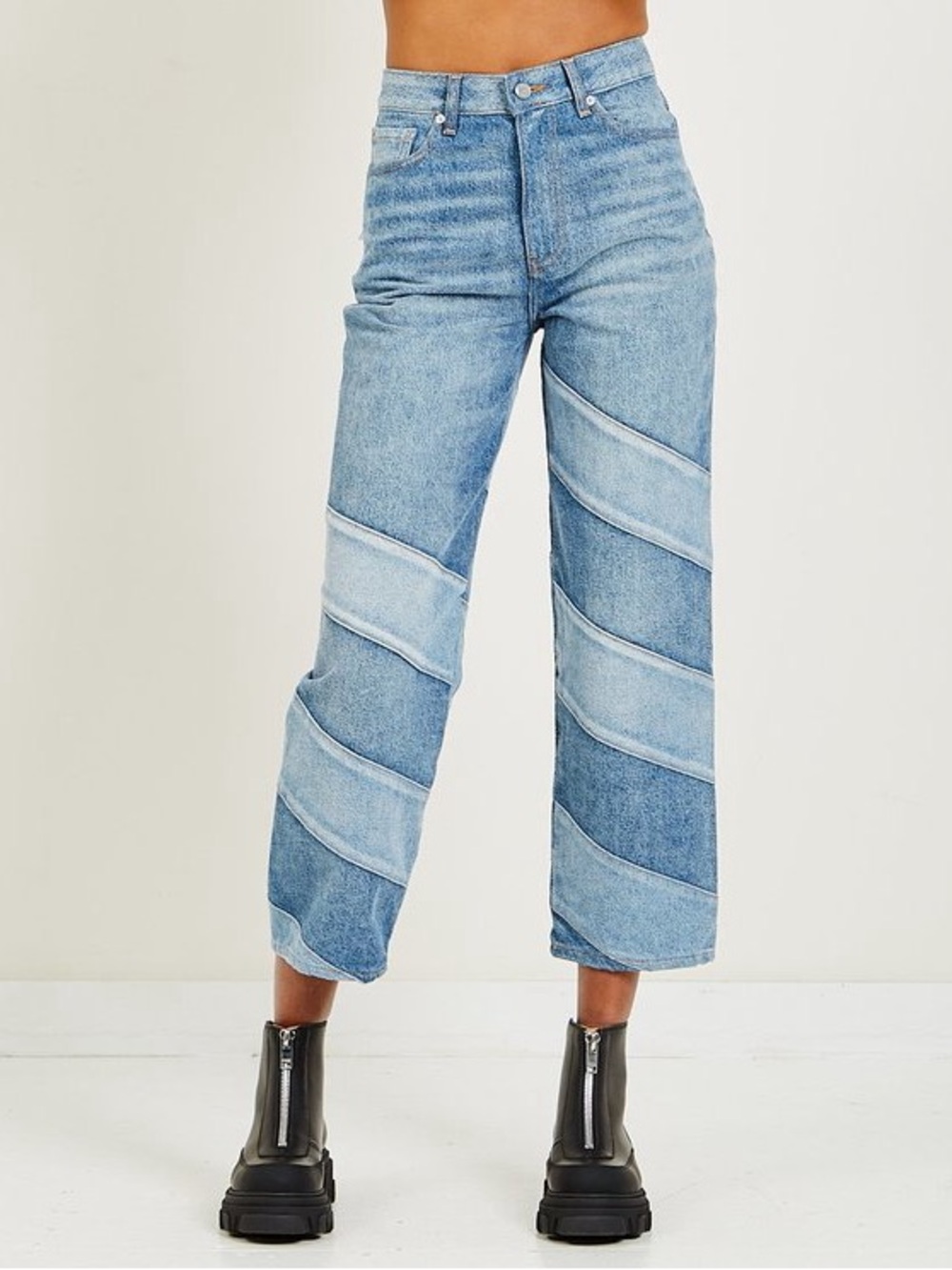 Ganni Cutline Core Misy Cropped Jean Light Medium Wash Two Tone Denim Size 31